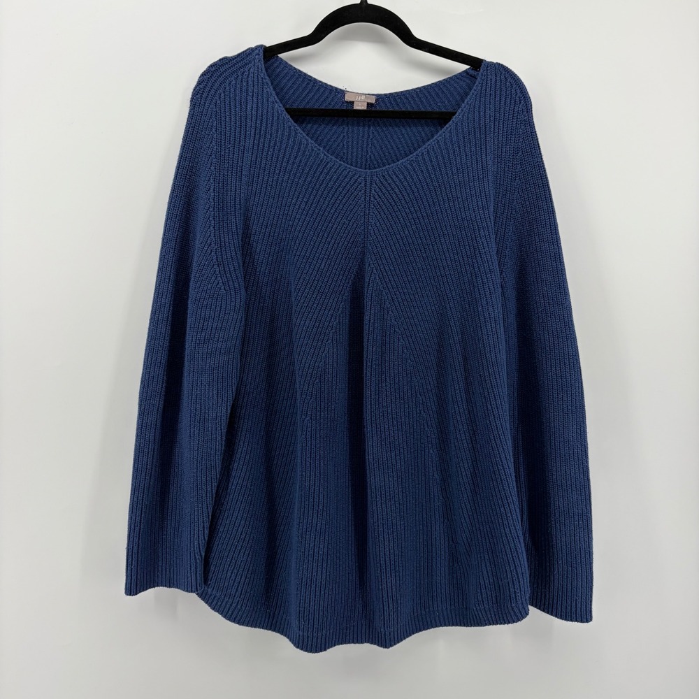 J. Jill Blue Ribbed V Neck Long Sleeve Sweater Size Large Casual Cozy Winter